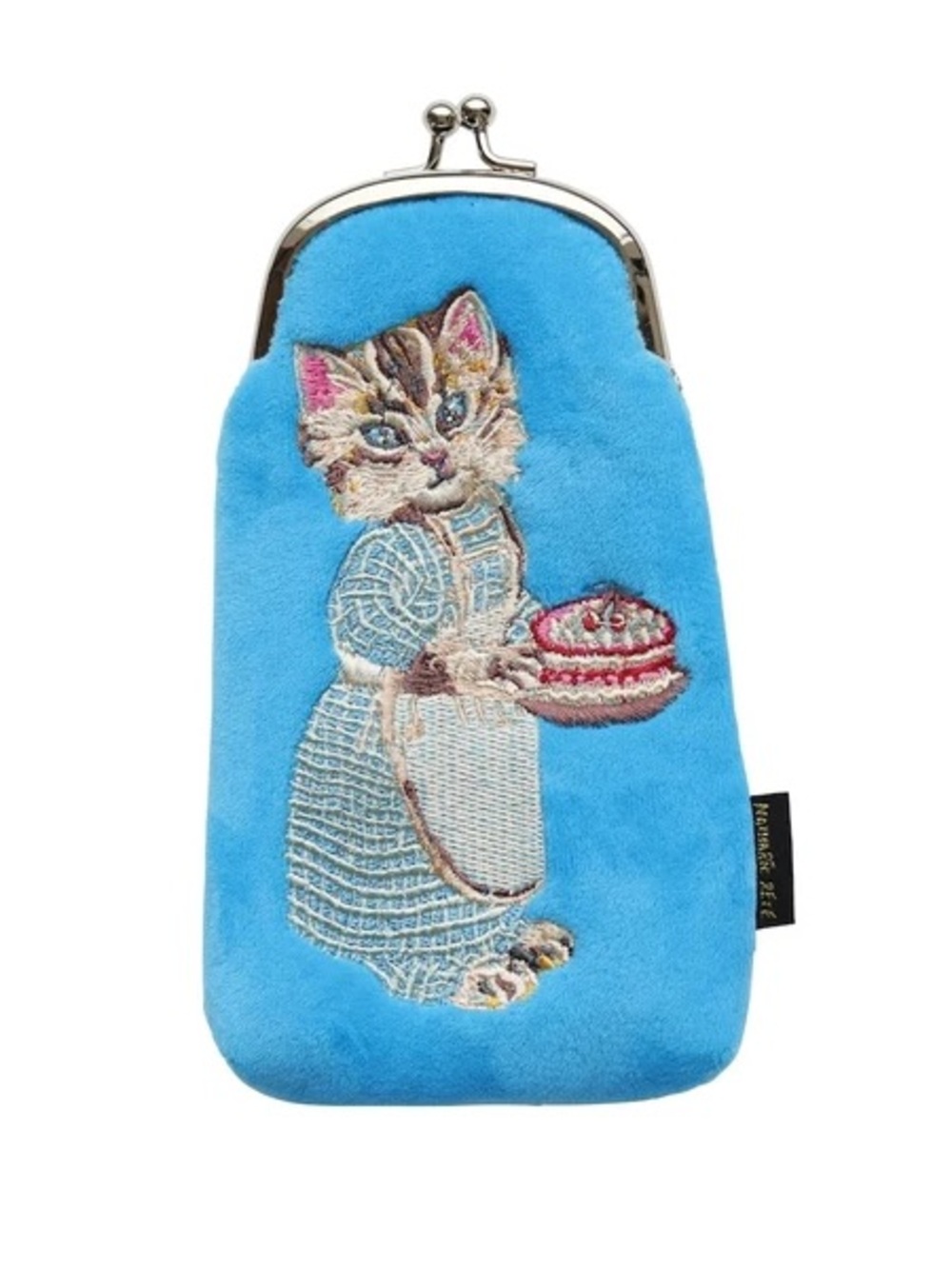 Nathalie Lete embroidered Case! Velvet Glasses General Pouch! Blue Cat hold Cake